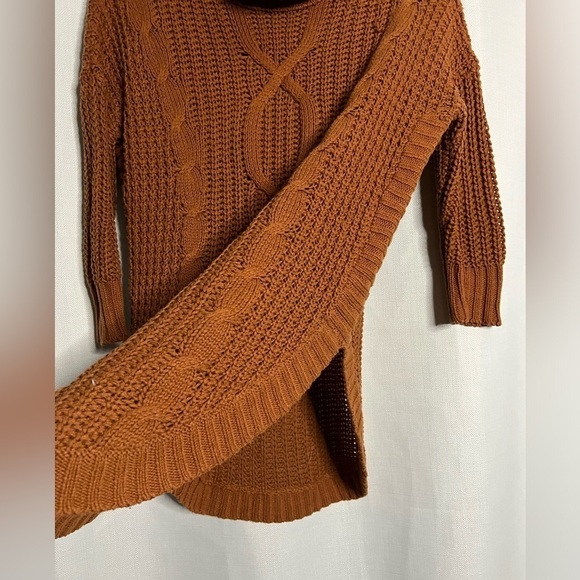 Express Cable Knit Cowl Neck Circle Hem Pullover Sweater Pumpkin Brown XS - Picture 5 of 8